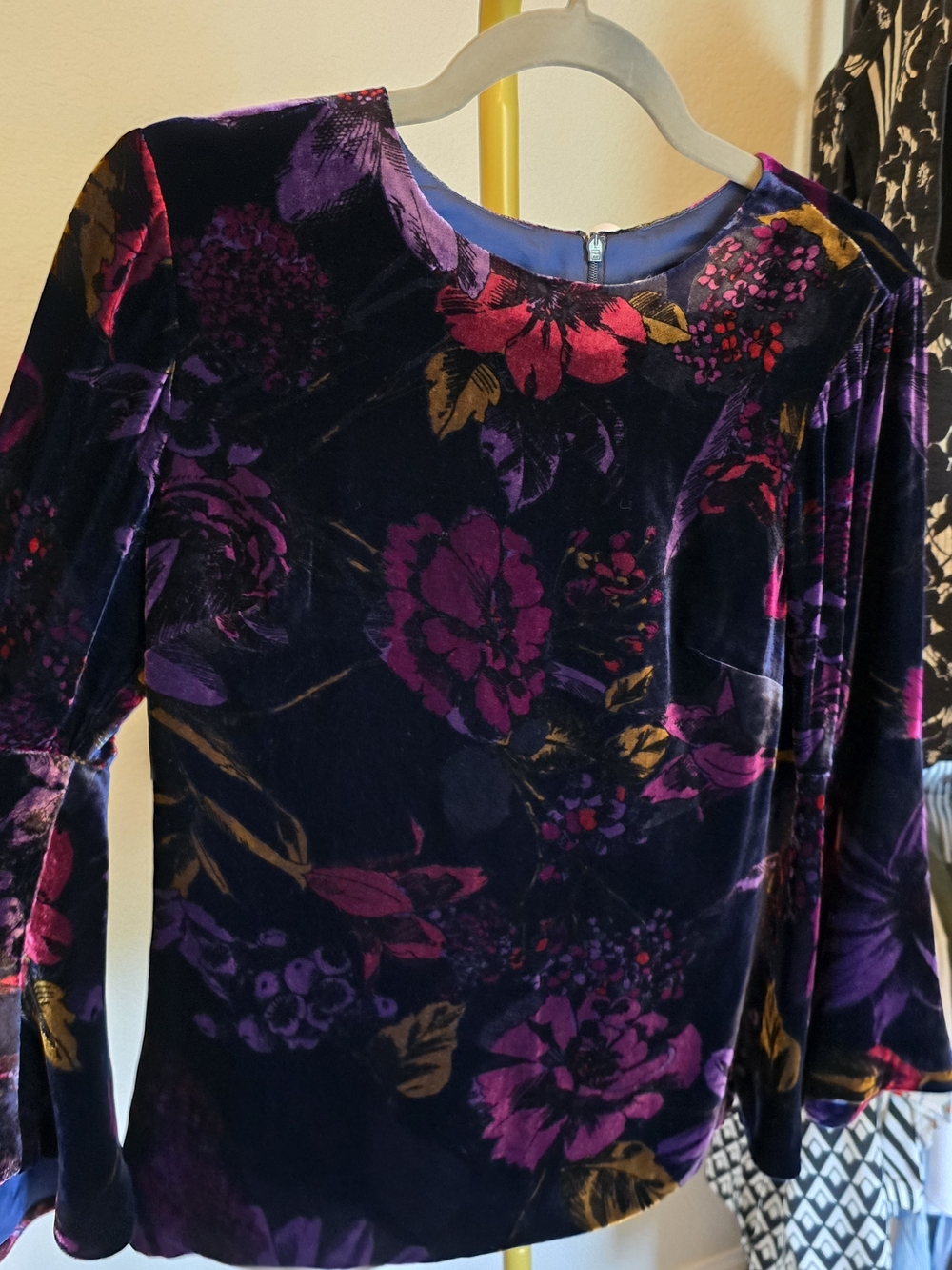 Trina Turk Velvet Floral Blouse in Navy, Purple, Magenta & Gold